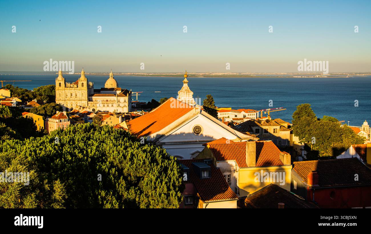 Lisbon, Portugal - July 7 2025: The Stunning panoramic sunset view from the top of Castelo St. Jorge in Lisbon Portugal Stock Photo
