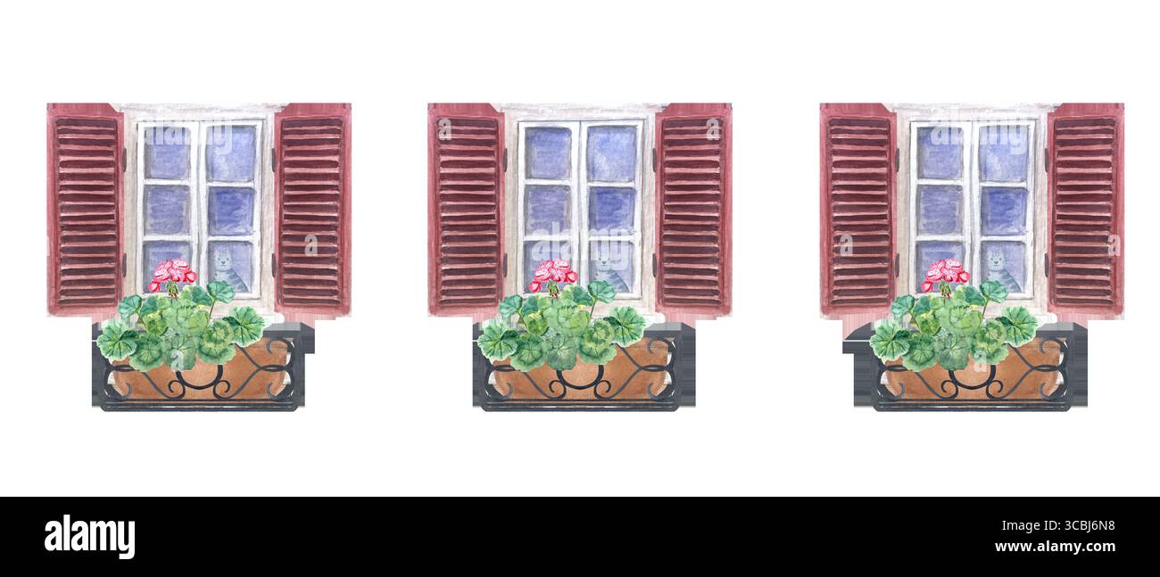 Rustic windows with open wooden shutters, potted geraniums on wrought ...