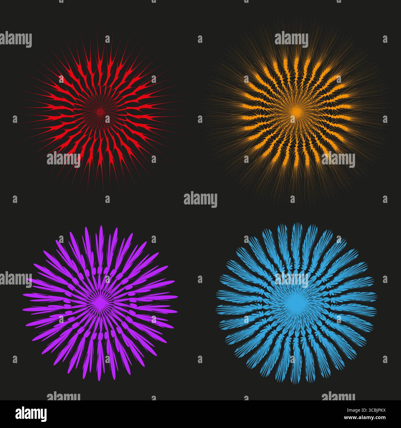 Starburst burst collection. Vector abstract elements. Dynamic radial patterns. Vibrant color splashes. EPS 10. Stock Vector