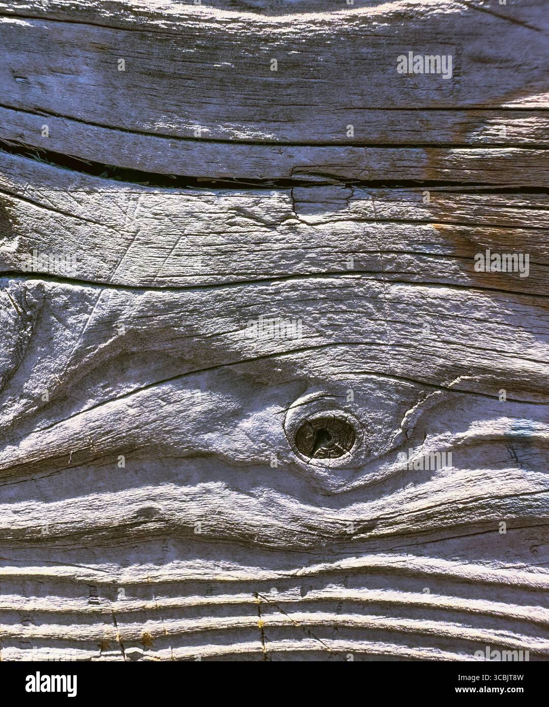 Closeup macro shows weathered wood rail railing with knothole eye ...