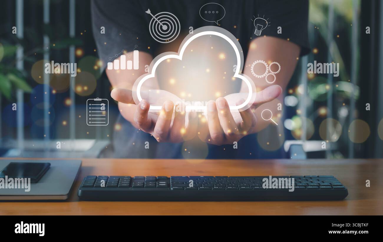Man accessing the Cloud Computing Technology Internet Storage Network Concept And a large database big data Through internet technology. Stock Photo