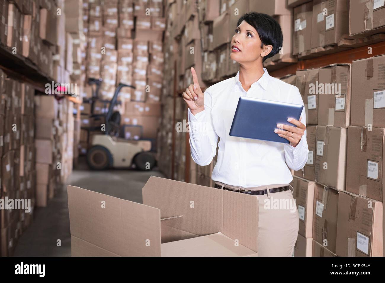 Someone Inspecting Inventory Mature woman warehouse supervisor inspecting inventory on tablet in ...