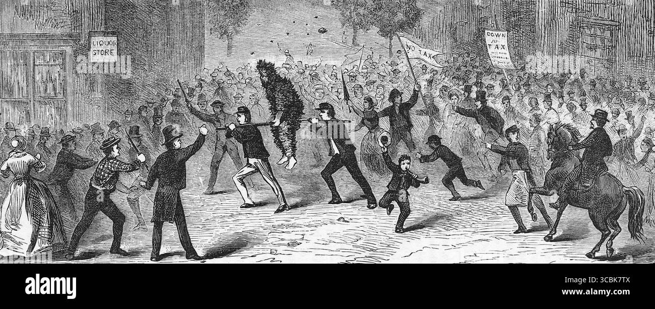 Whiskey Rebellion (1791-1794). 'Famous Whiskey Insurrection in Pennsylvania', an 1880 artist's impression of a crowd forcing a tarred and feathered tax collector to 'ride the rail'. The Whiskey Rebellion (also known as the Whiskey Insurrection) was a violent tax protest in the United States beginning in 1791 and ending in 1794 during the presidency of George Washington. The so-called 'whiskey tax' was the first tax imposed on a domestic product by the newly formed federal government. (Wikipedia) Stock Photo