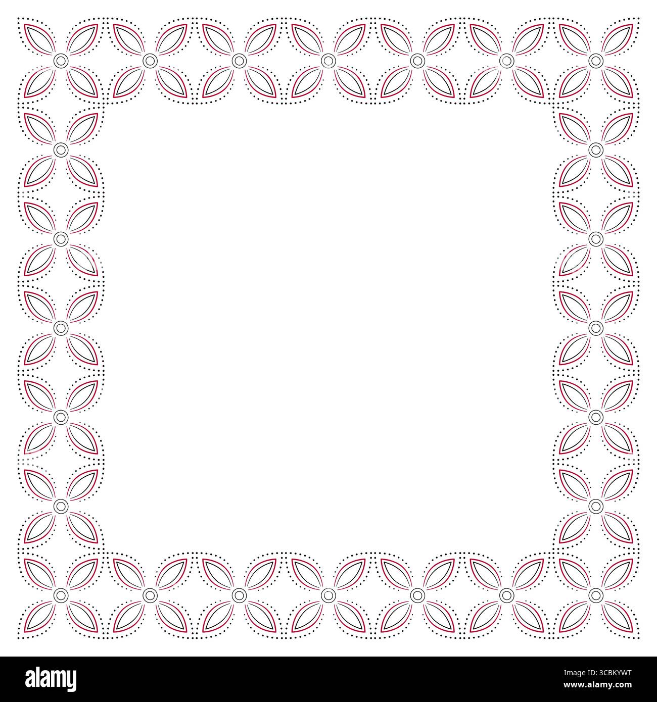 Ethnic floral ornamental frame. Black red shapes on white background. Pattern of curve lines and rounds. Square geometry ornament in country style. Fr Stock Vector
