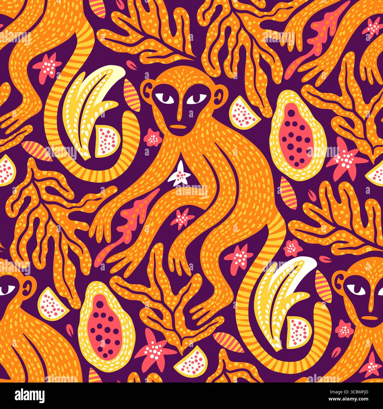 Whimsical Monkeys Exotic Vintage Seamless Vector Jungle Pattern Tropical Animal Botanical Background Ethnic Matisse Style Stock Vector