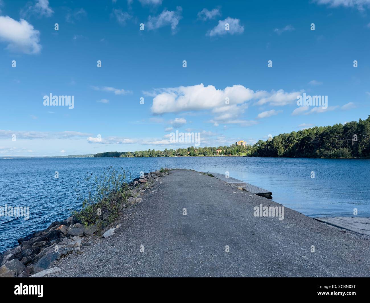 A serene lake scene with a concrete path leading to the calm water under a bright blue sky. - Smartphone Captured Stock Image