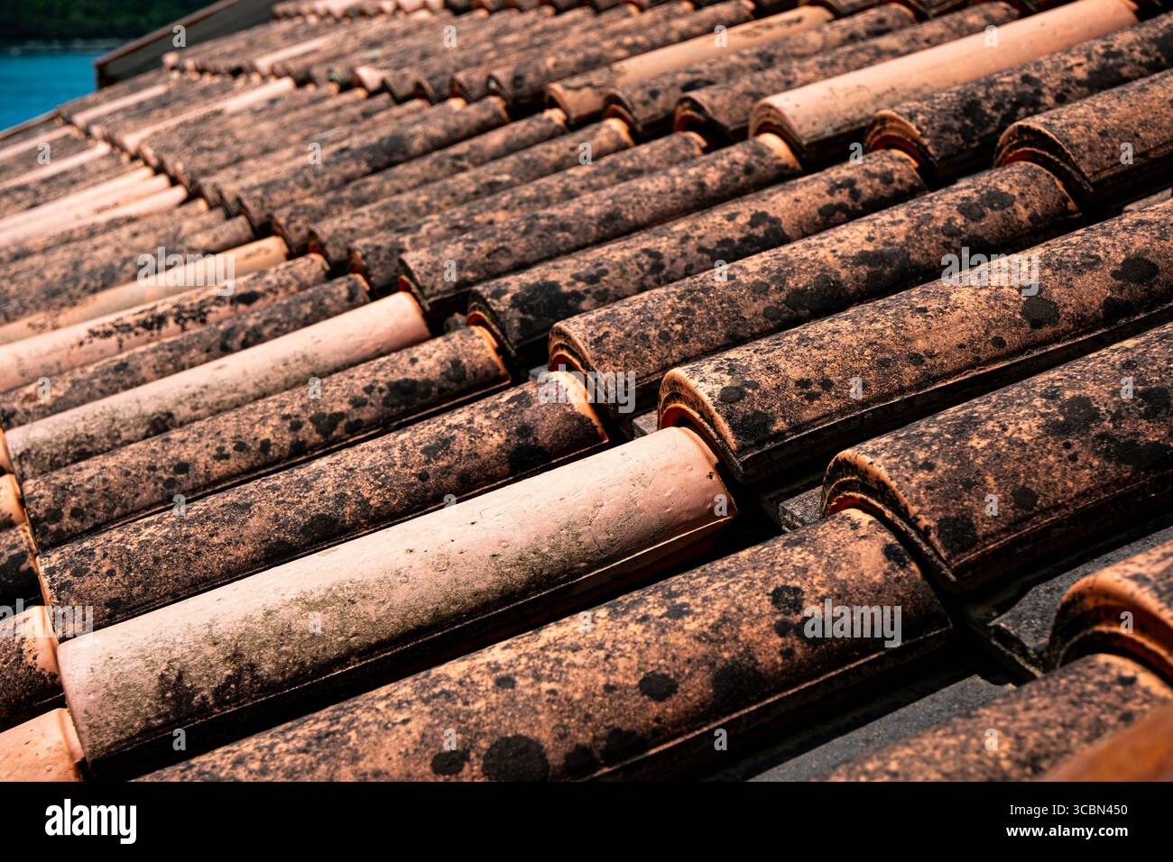 Terracotta roof tiles displayed under sunlight, showcasing a rustic aesthetic. Stock Photo