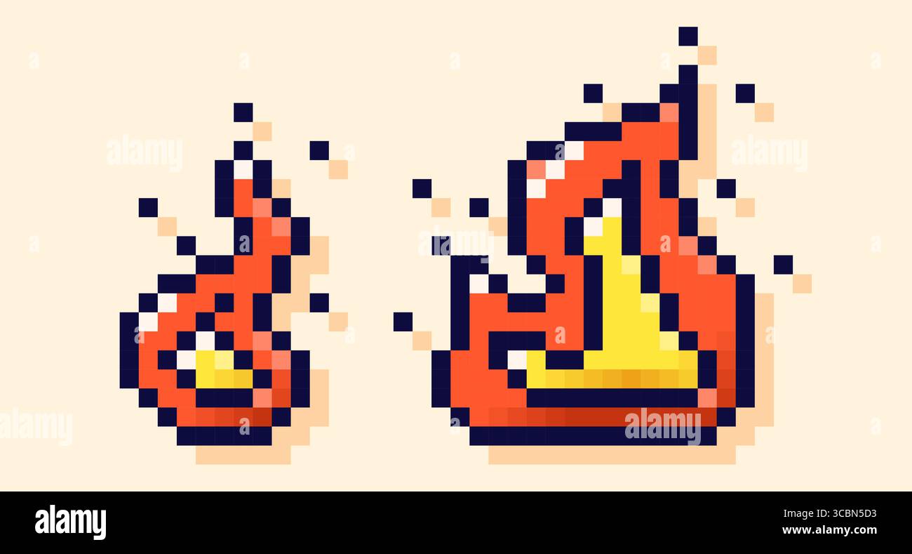 An 8-bit colored fire drawn in pixel art style. Stock Vector