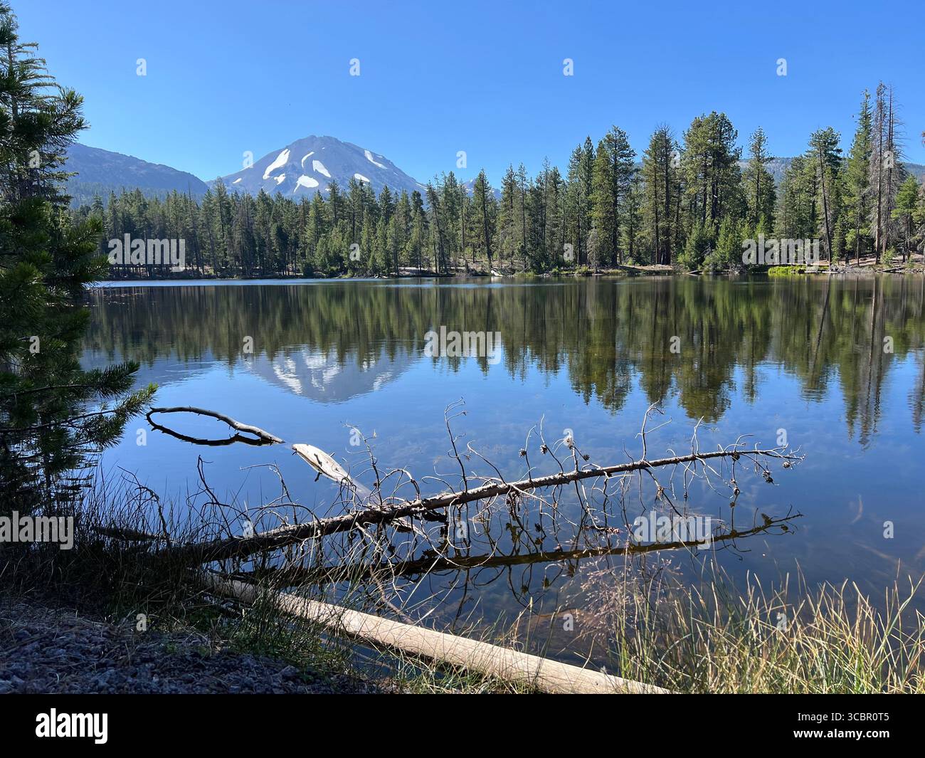 Manzanita Lake with Lassen Peak reflections and fallen logs at Lassen Volcanic National Park California pristine wilderness destination - Smartphone Captured Stock Image