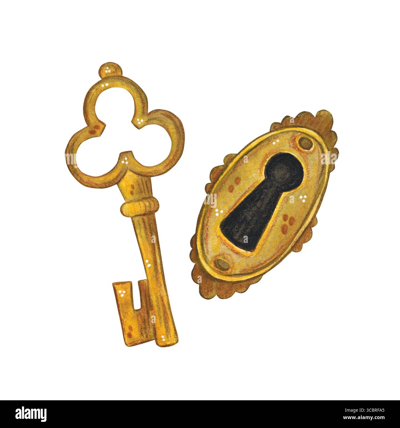 Set of two items, key and keyhole. Watercolor hand drawn illustration ...