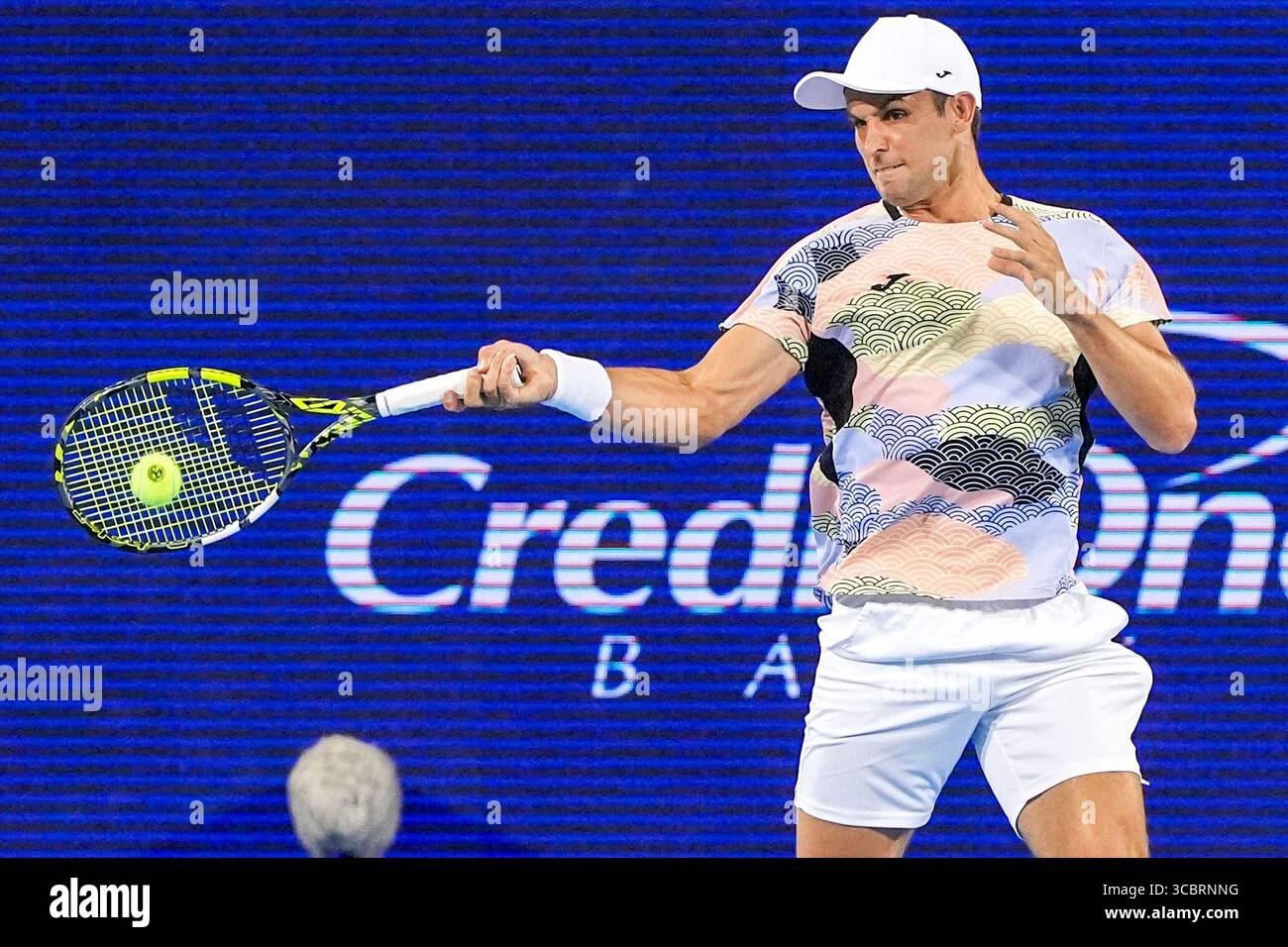 MASON, OH - AUG 8: Aleksandar Vukic (AUS) returns a shot to Nishesh Basavareddy (not pictured) during the first round of mens singles at the 2025 Cincinnati Open at Lindner Family Tennis Center on August 8, 2025. Stock Photo