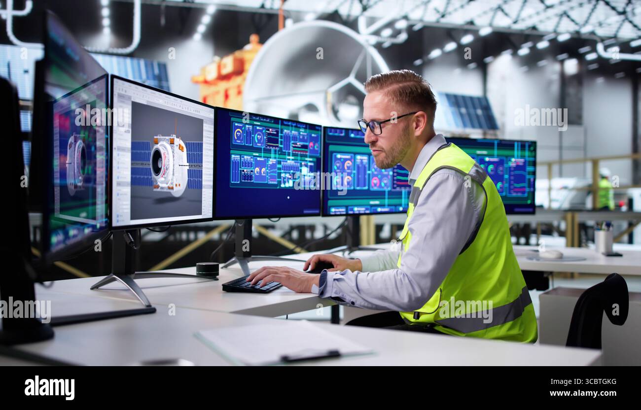 Man Designs And Develops Satellite 3D Model On Computer Monitor. Highly Skilled Engineer Working Stock Photo