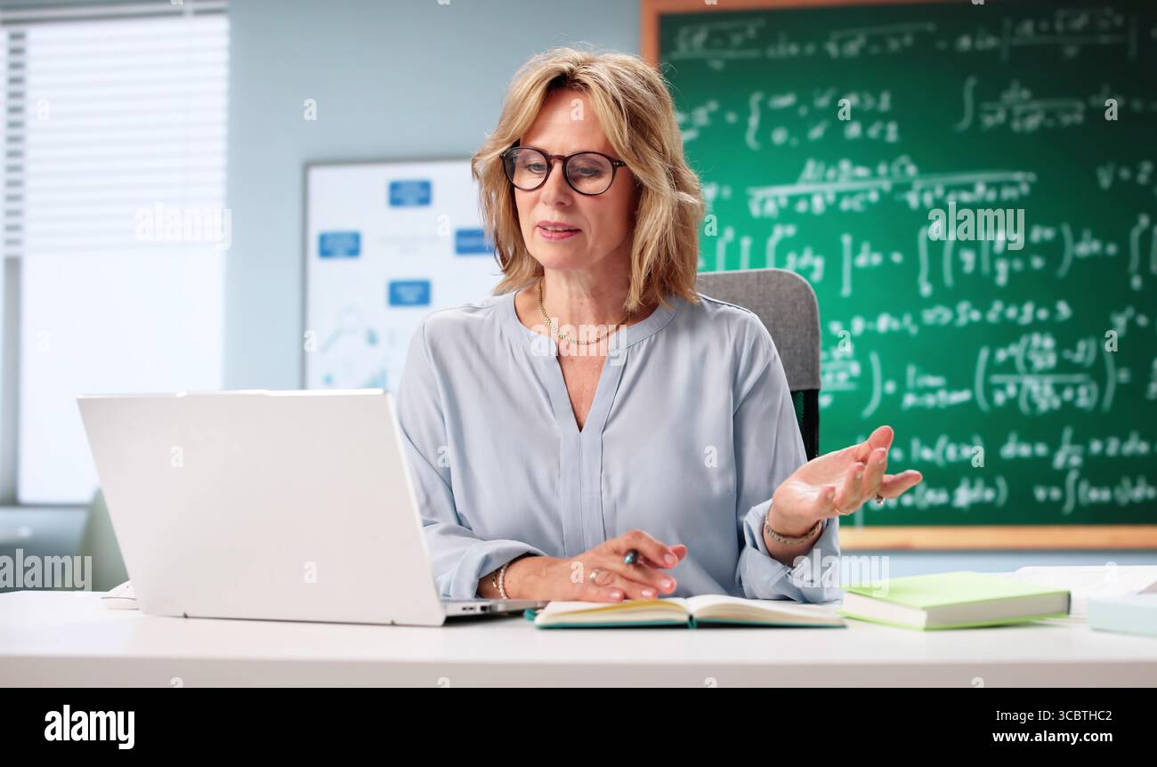 Educator In Virtual Math Conference Utilizes E-Learning Technology Online Stock Photo