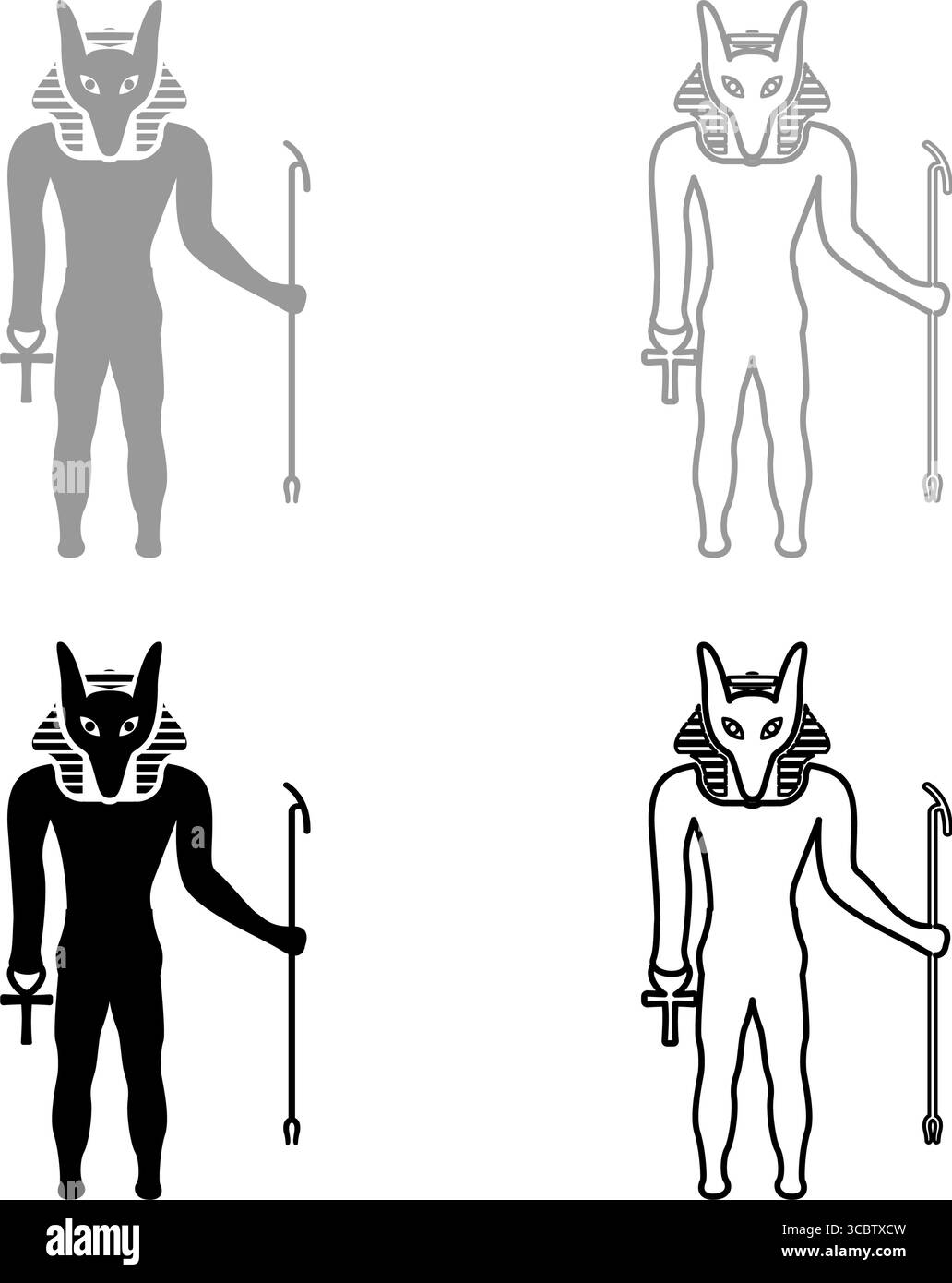 Anubis deity with jackal head ancient Egyptian god holds staff and anch ...