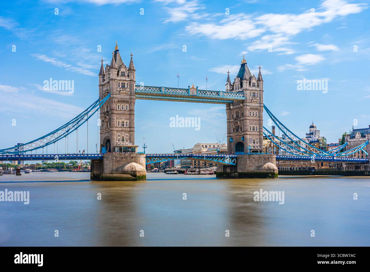 London, England, UK: Long exposure of Tower Bridge, famous historical landmark over river Thames Stock Photo