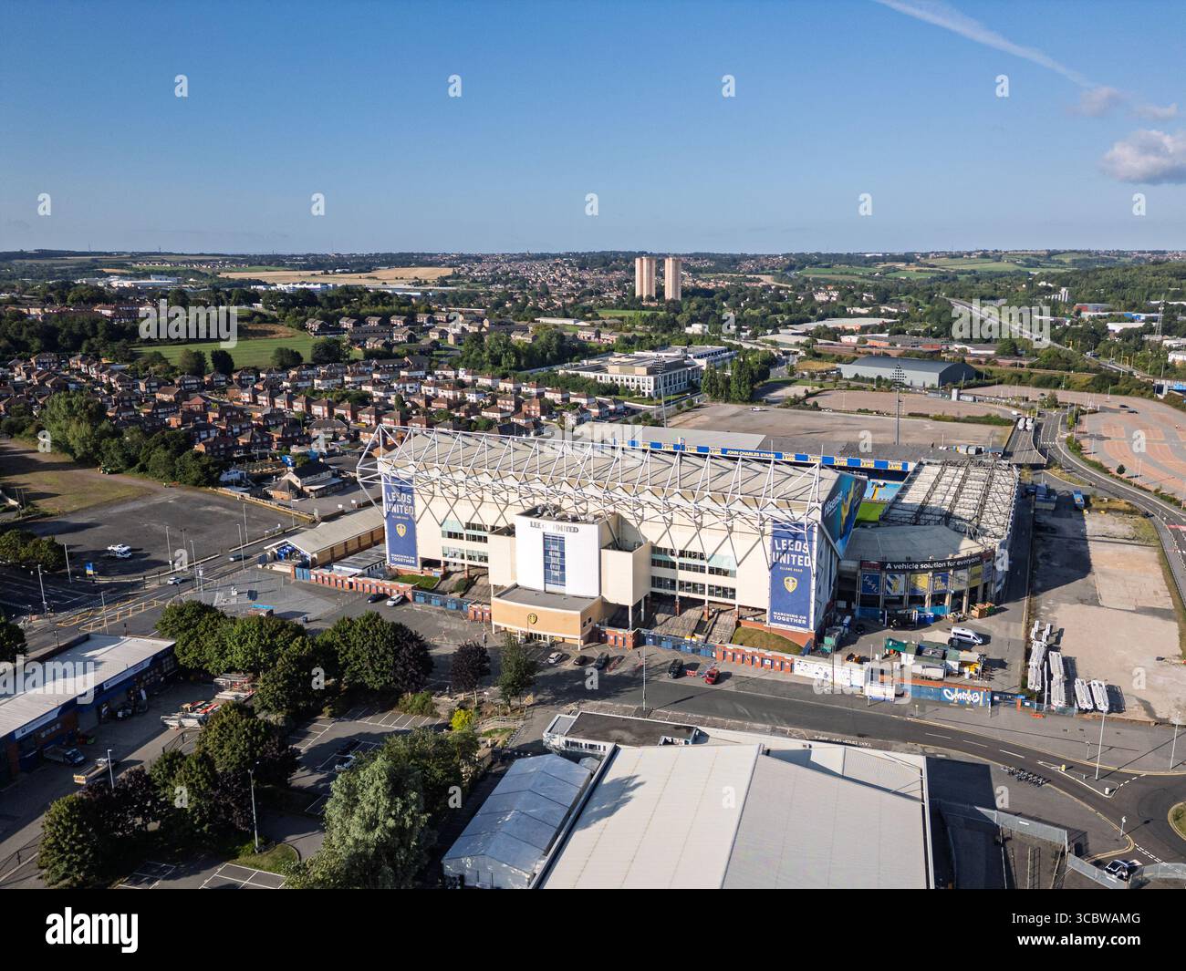 Leeds, West Yorkshire, UK. 9th August 2025. Aerial view of Elland Road Stadium, home of Leeds United Football Club, ahead of their pre-season friendly against AC Milan in Dublin this afternoon. Credit: BradleyTaylor /Alamy Live News Stock Photo