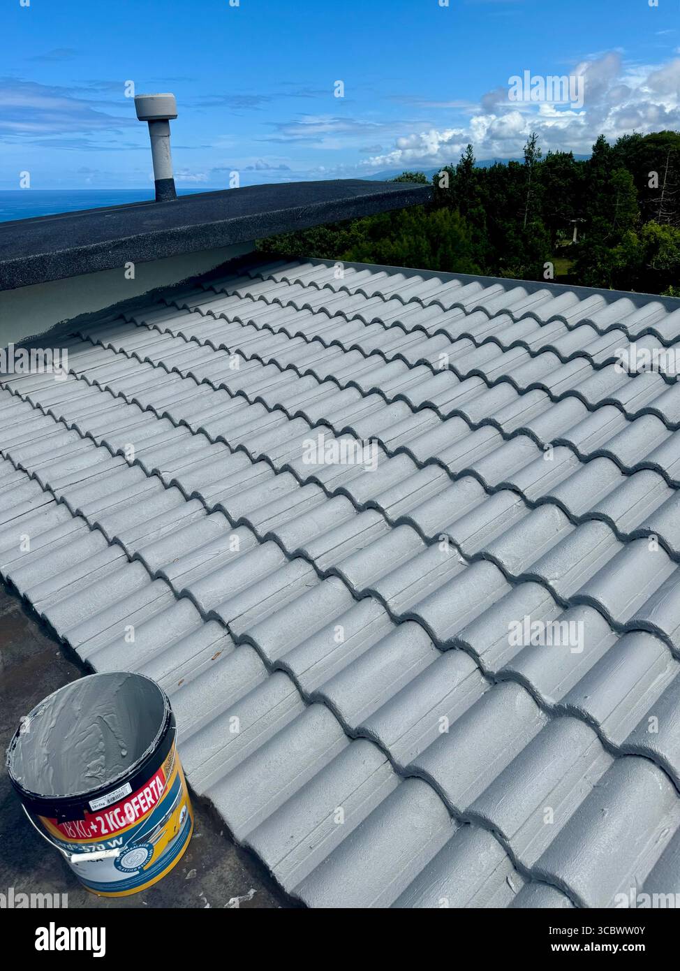 Waterproofing applied to cement roof tiles during maintenance. - Smartphone Captured Stock Image