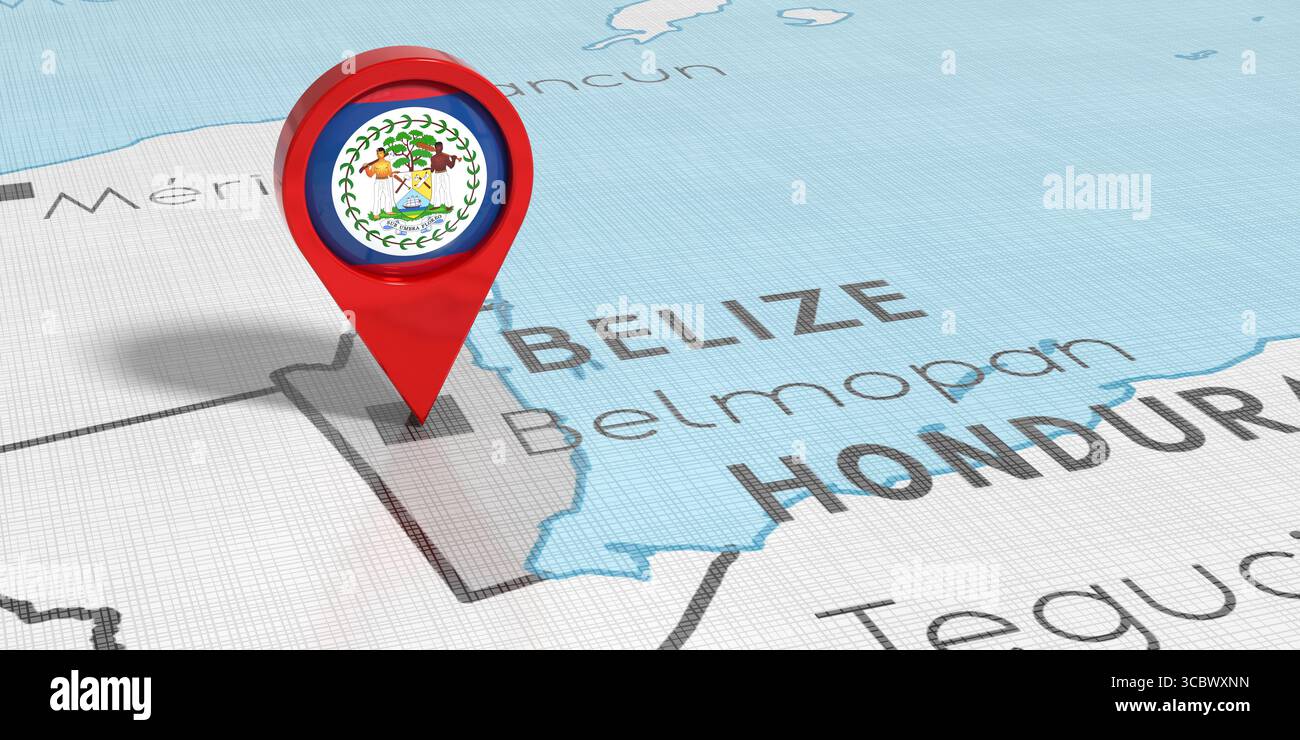 Belize, Belmopan - location pin with national flag on political map ...