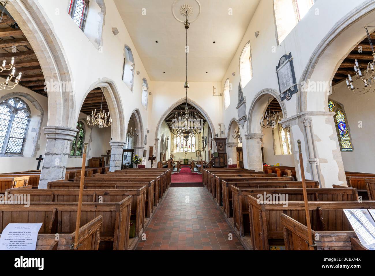 The interior of the Norman church, much enlarged, at St Nicholas-At ...