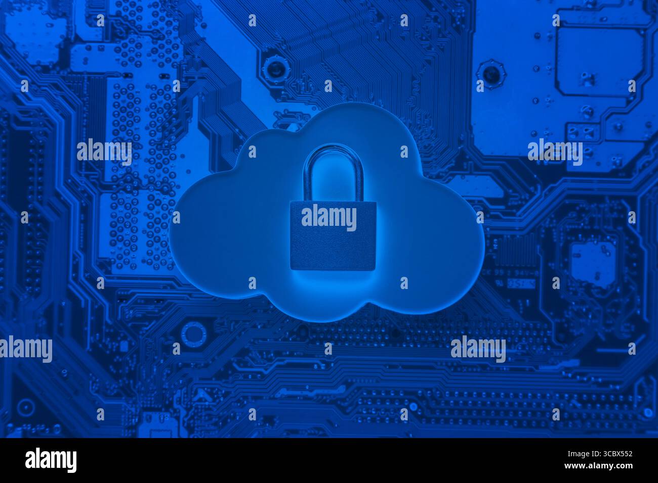 Padlock on cloud and computer motherboard. Internet data privacy information cloud computing security concept Stock Photo