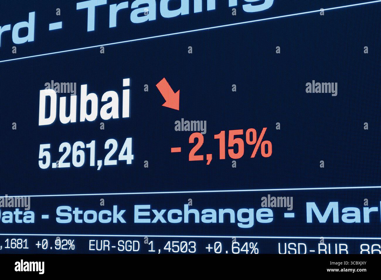 Dubai stock index moving down. Dubai stock index moving down. United Arab  Emirates, falling share prices, bearmarket, reduction, investment,  business, crash, loss, crisis, stock market data. 3D illustration stock  market169s market data