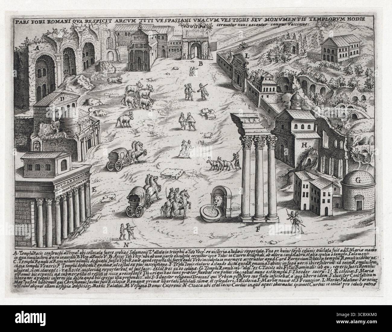A print antique engraving of The arch of Janus and part of the S ...