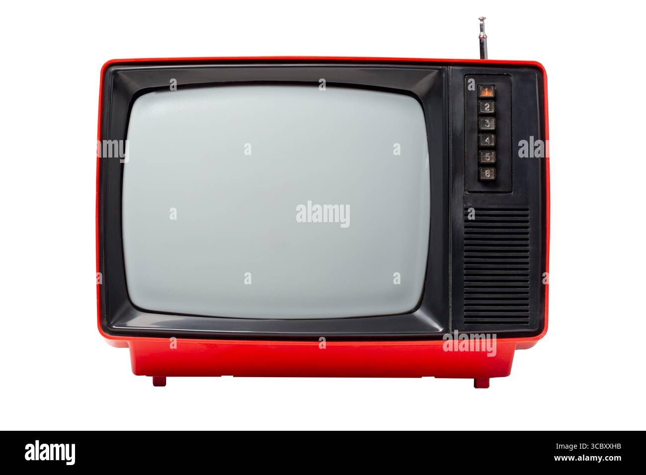 Old vintage red TV set television isolated on white background. Stock Photo