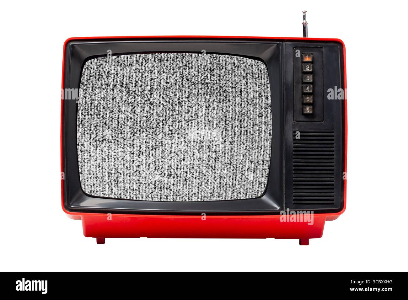 Old vintage red TV set televisor isolated on white background with no signal television grainy noise effect on the screen Stock Photo
