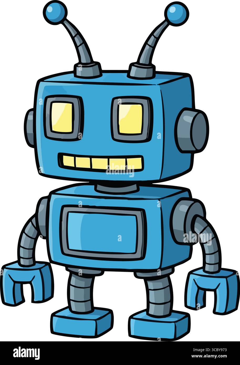 Cheerful Cartoon Robot. This whimsical mechanical being embodies happiness and futuristic innovation. A delightful digital companion. Stock Vector