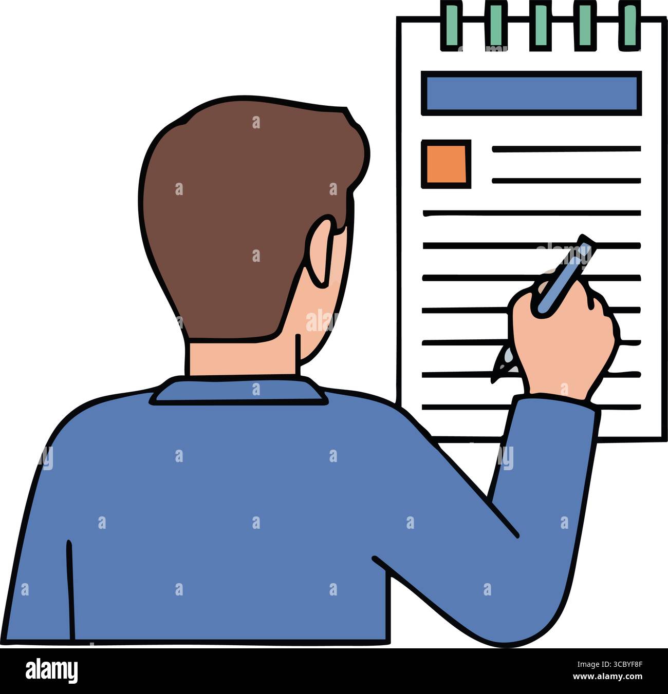 Person Writing on Notepad Illustration. Back view of an individual holding a pen, diligently jotting notes in a spiral bound journal, symbolizing lear Stock Vector