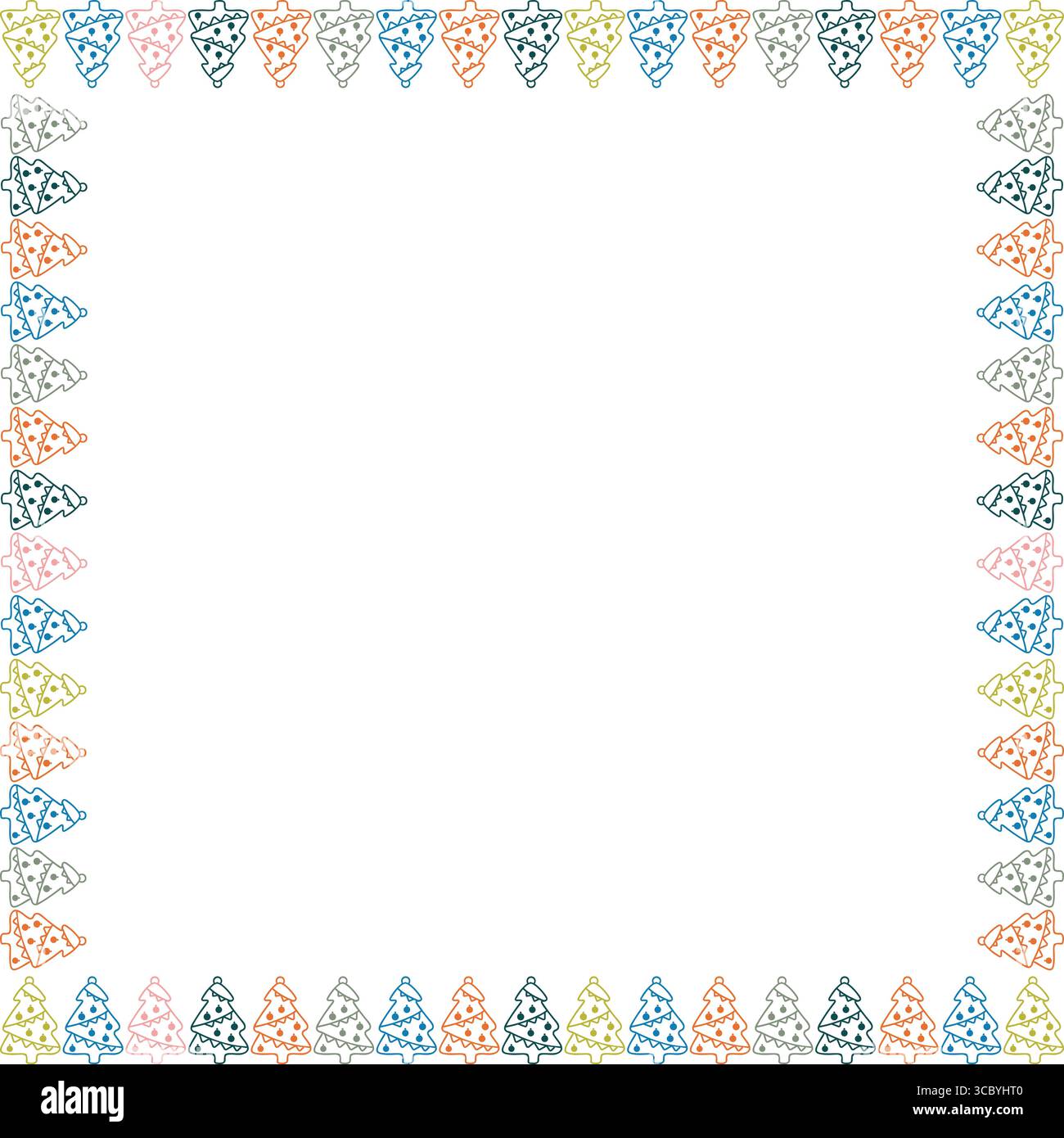 Colorful snowy pine tree frame. Festive greeting template with Christmas tree elements. Bright border Stock Vector
