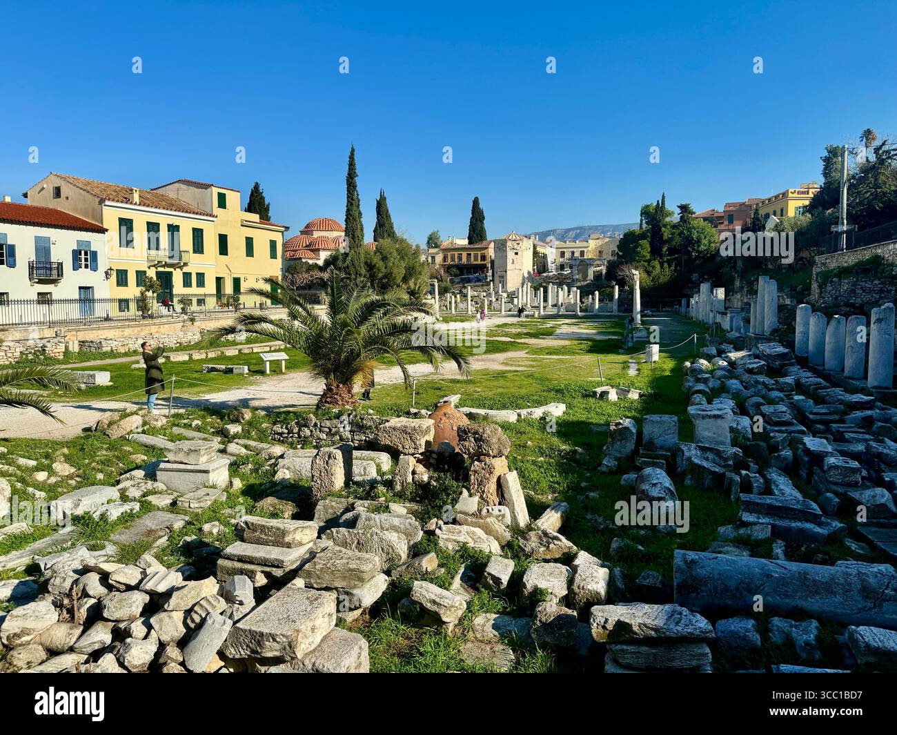 The Basilica of the Megali Panagia, an early Christian church in the Tetracocha style, featuring remnants of columns and ruins in Athens, Greece. - Smartphone Captured Stock Image