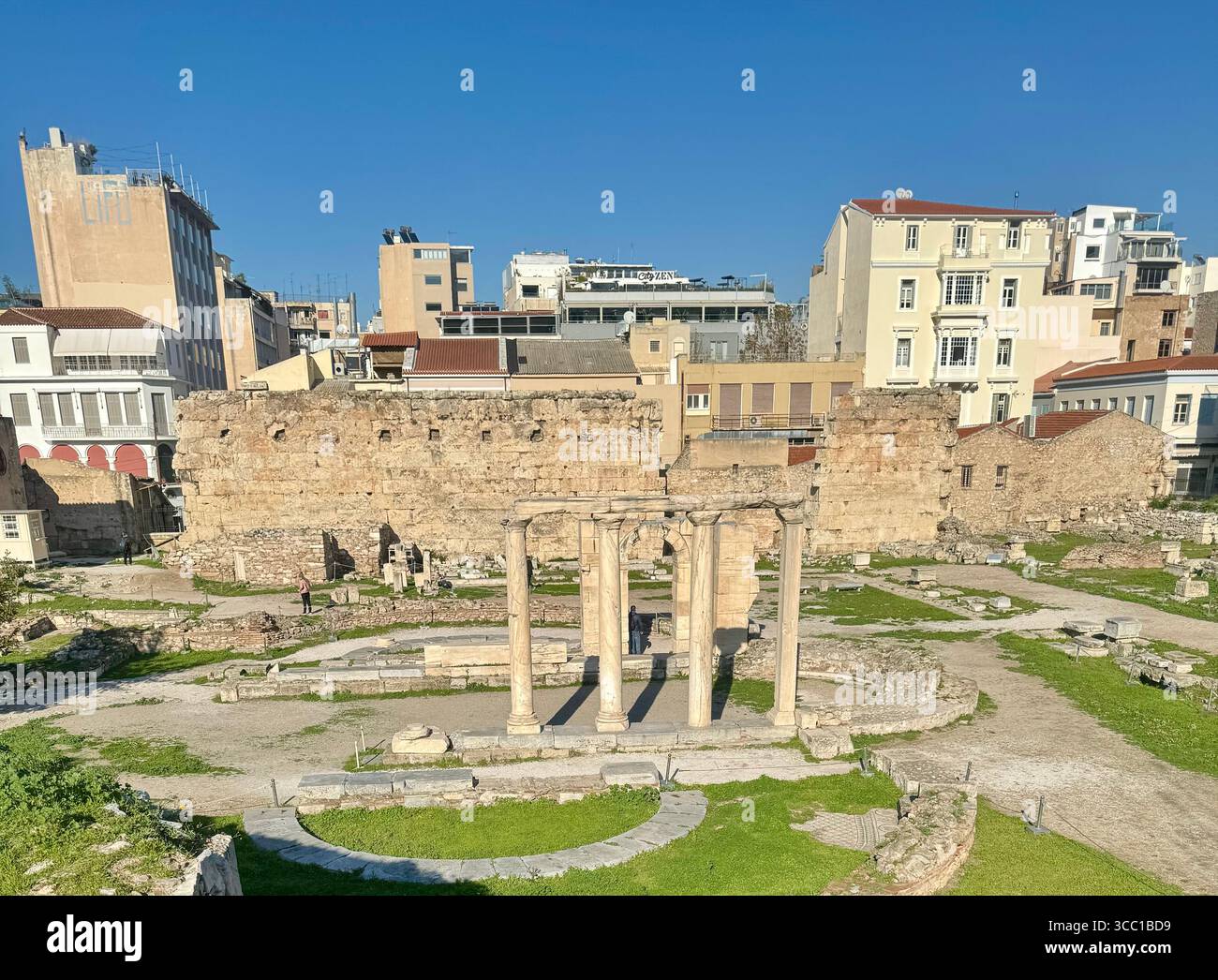 The Basilica of the Megali Panagia, an early Christian church in the Tetracocha style, featuring remnants of columns and ruins in Athens, Greece. - Smartphone Captured Stock Image