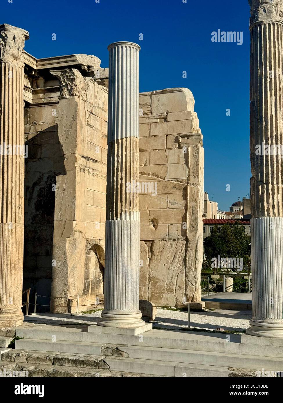 The Basilica of the Megali Panagia, an early Christian church in the Tetracocha style, featuring remnants of columns and ruins in Athens, Greece. - Smartphone Captured Stock Image