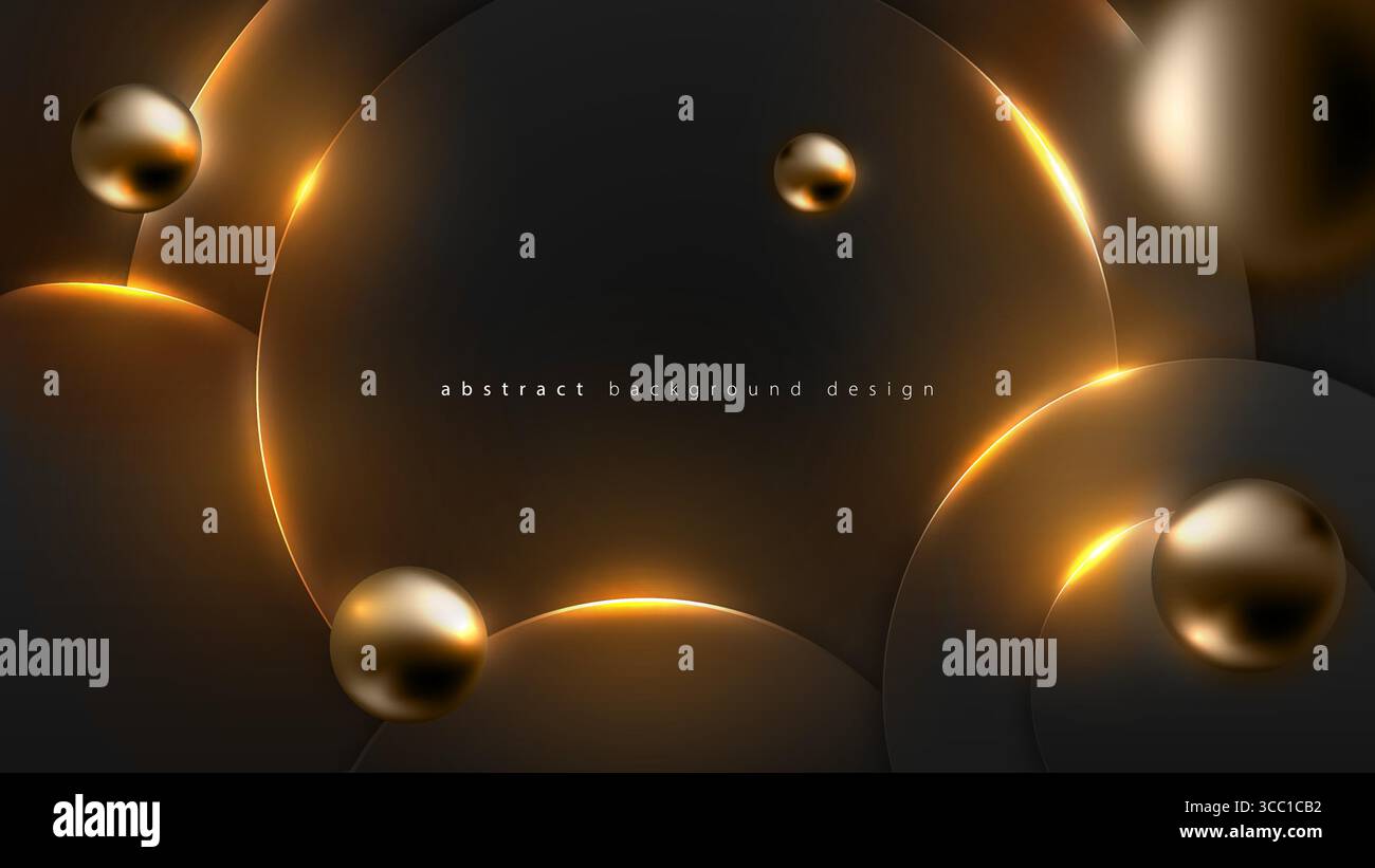 Black color glow round abstract minimal neon background, golden spheres ...