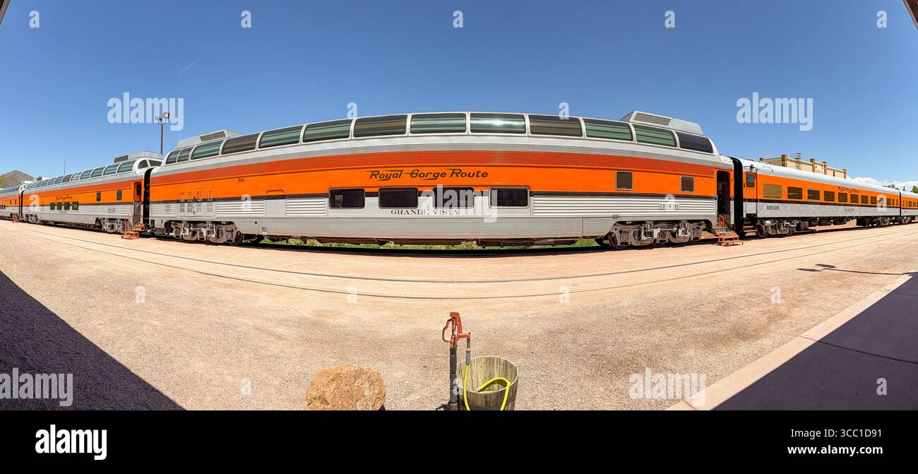 Canon City, Colorado, USA - 22 May 2025: Panoramic view of a train on the Royal Gorge Route Railroad. - Smartphone Captured Stock Image