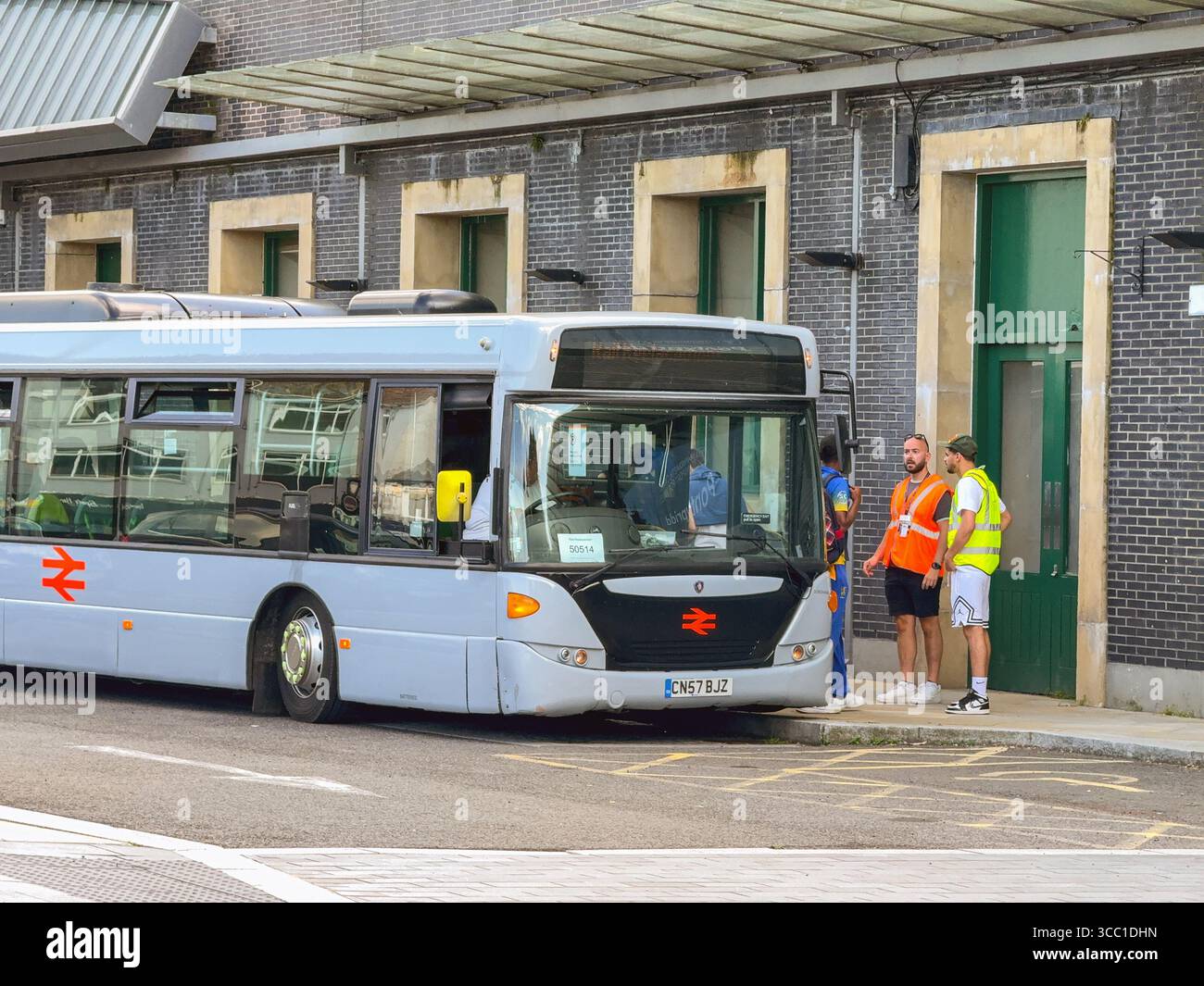 Pontypridd, Wales, UK - 12 July 2025: Rail replacement bus service stopped at Pontypridd railway station carrying passengers affected by railway track - Smartphone Captured Stock Image