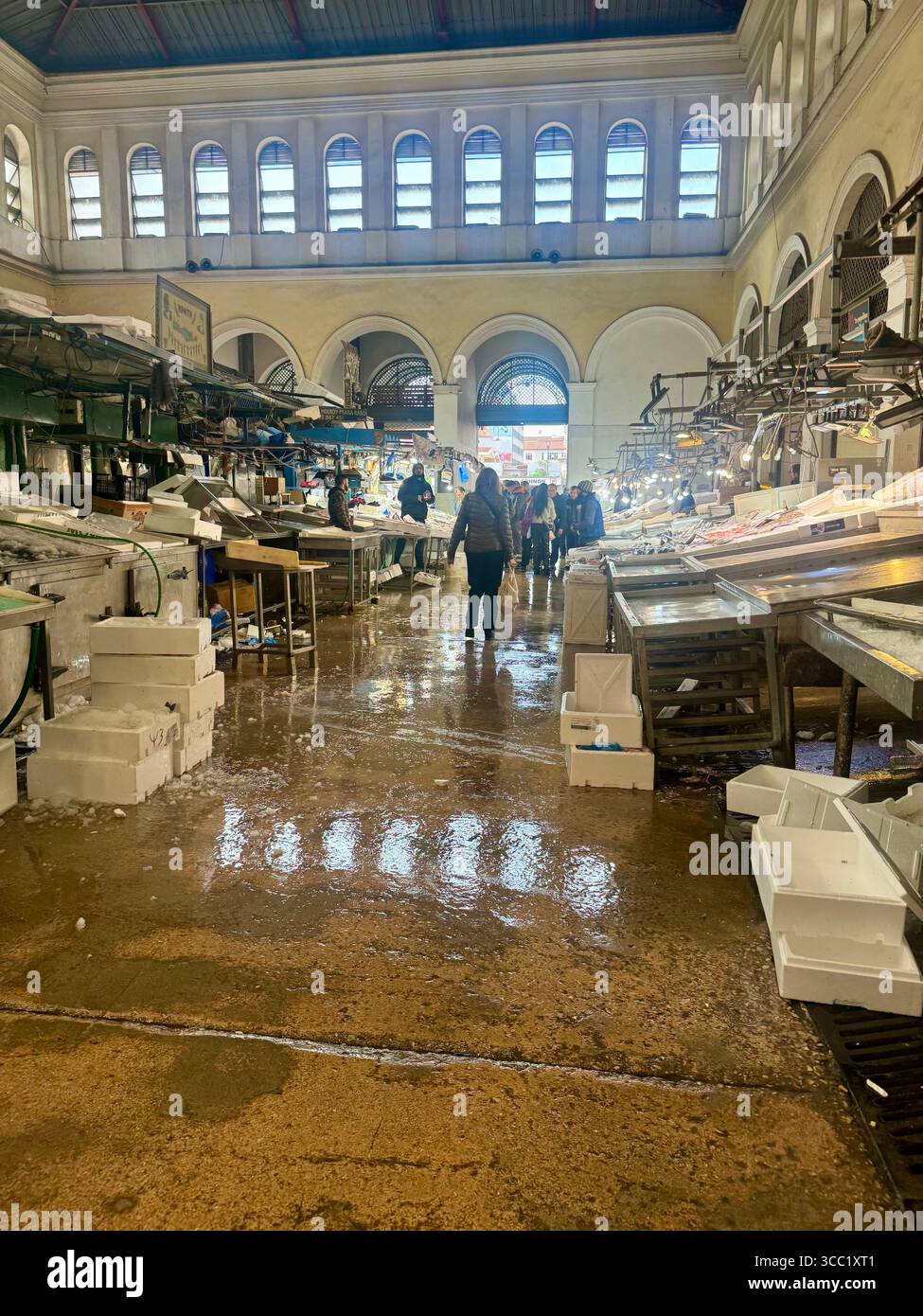 Interior view of the central fish market in Athens, Greece, with fresh seafood stalls and people walking through. - Smartphone Captured Stock Image