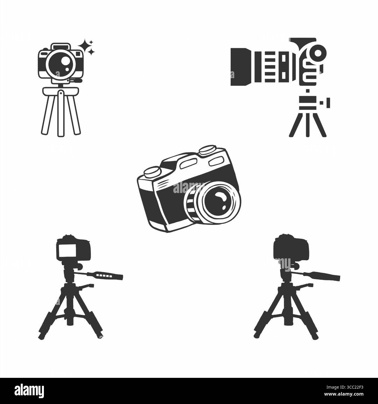 Minimalist black silhouette of tripod with camera icons set on a plain ...