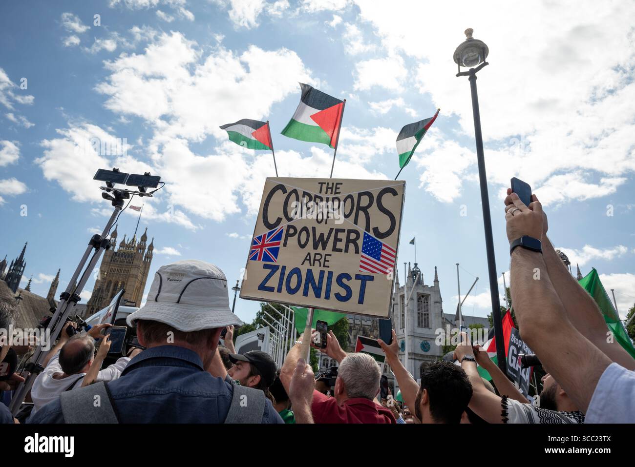 'The corridors of power are Zionist' placard at Palestine Action protest at Parliament Square, London, England, UK, 09/08/2025 Stock Photo
