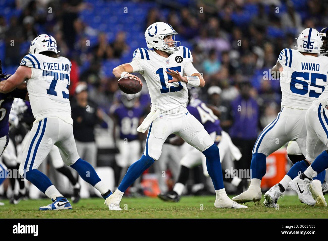 Indianapolis Colts quarterback Riley Leonard (15) looks to pass the ...
