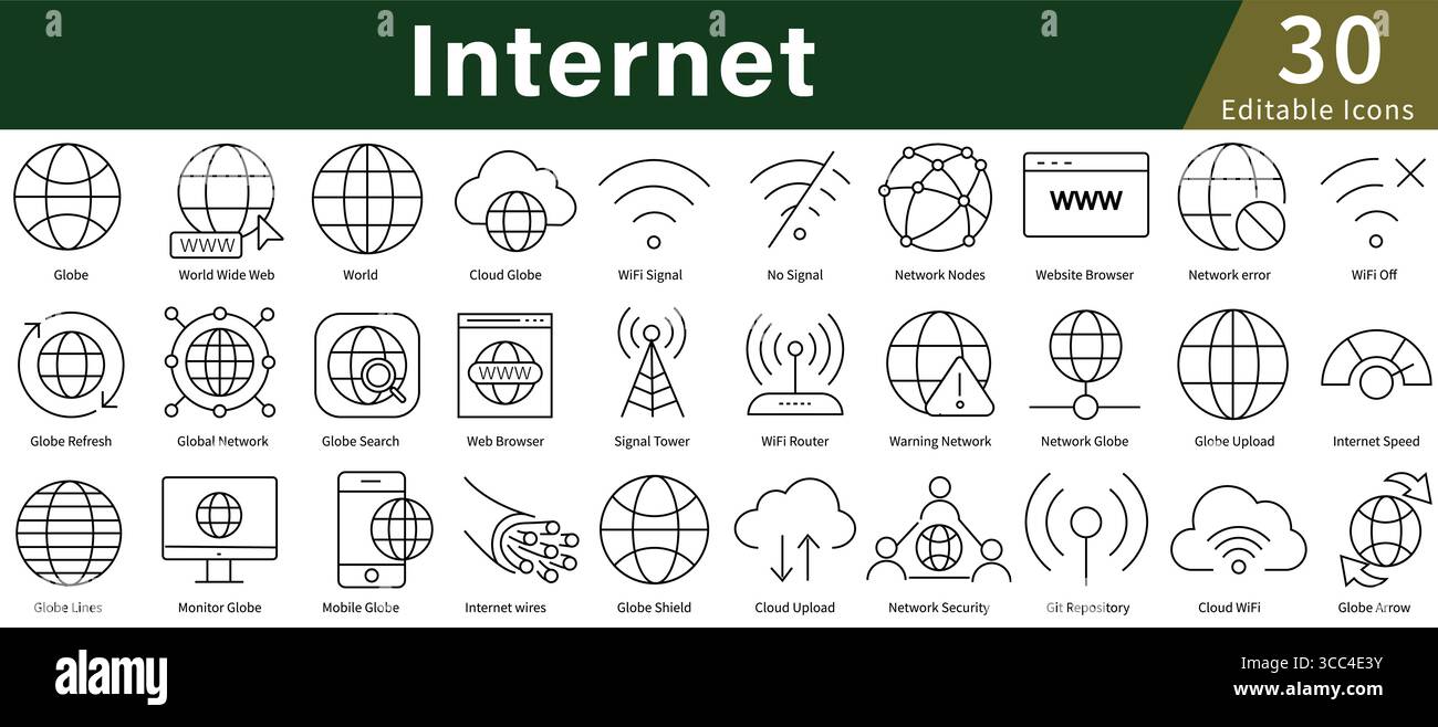 Internet Icon Set in Line Style with Editable Vector for Web, Network, Connection, and Digital Technology Stock Vector