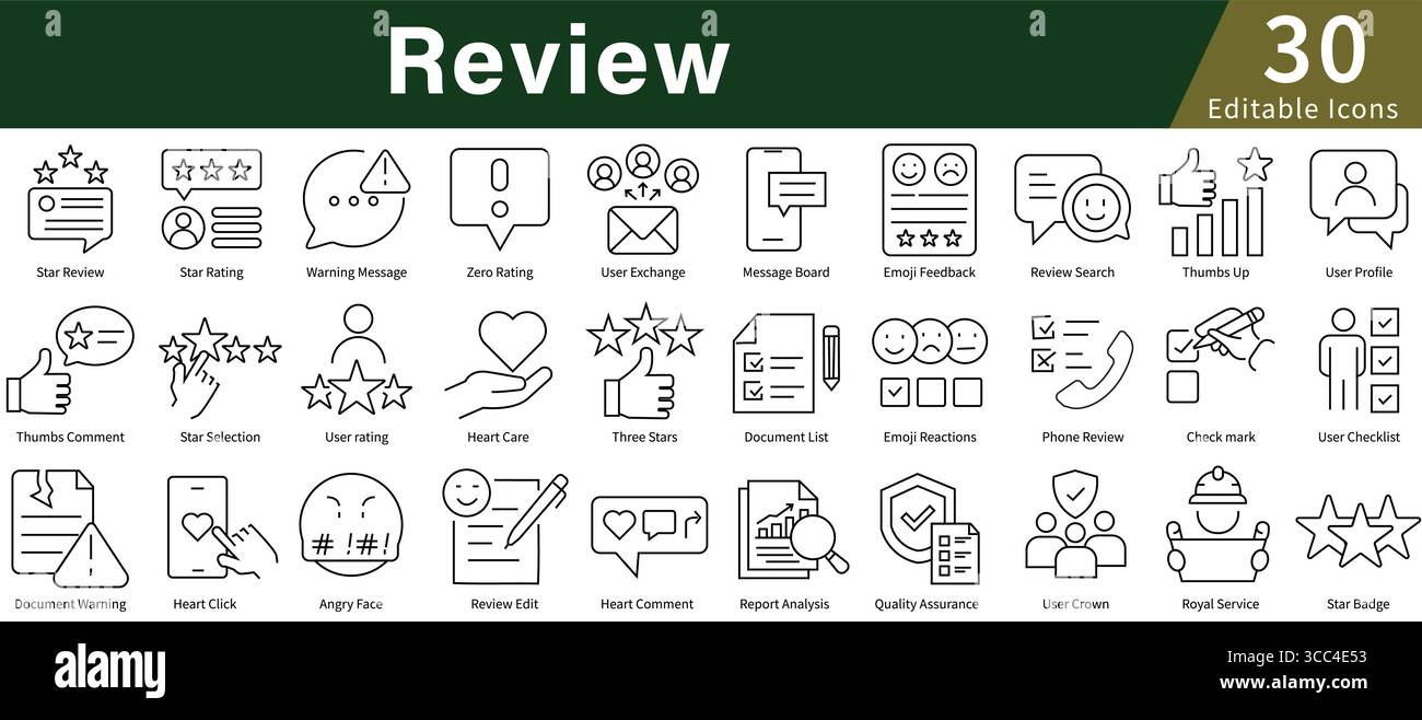 Review Icon Set in Line Style with Editable Vector for Feedback, Rating ...