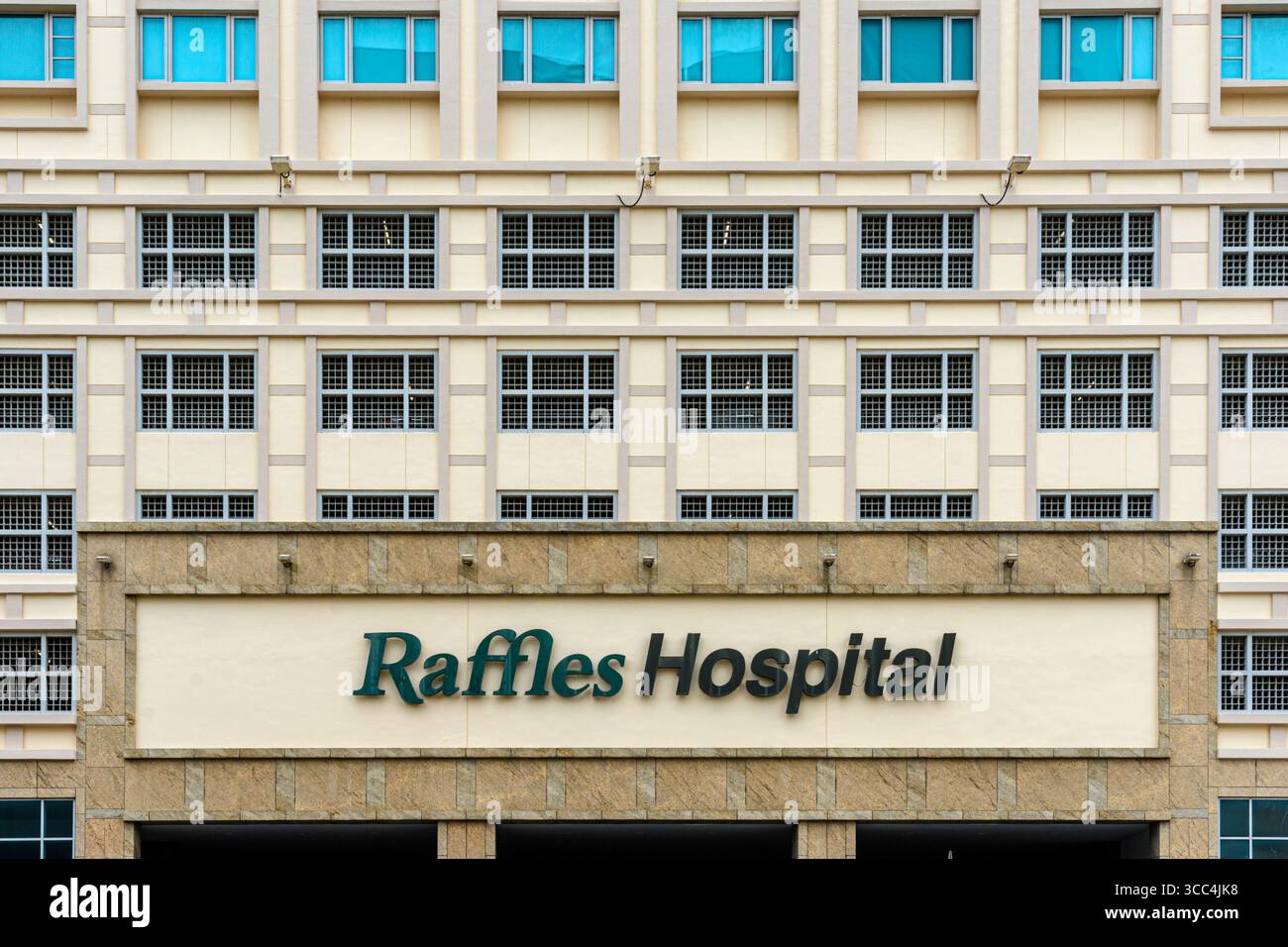 Facade detail of Raffles Hospital, a tertiary care private hospital of ...