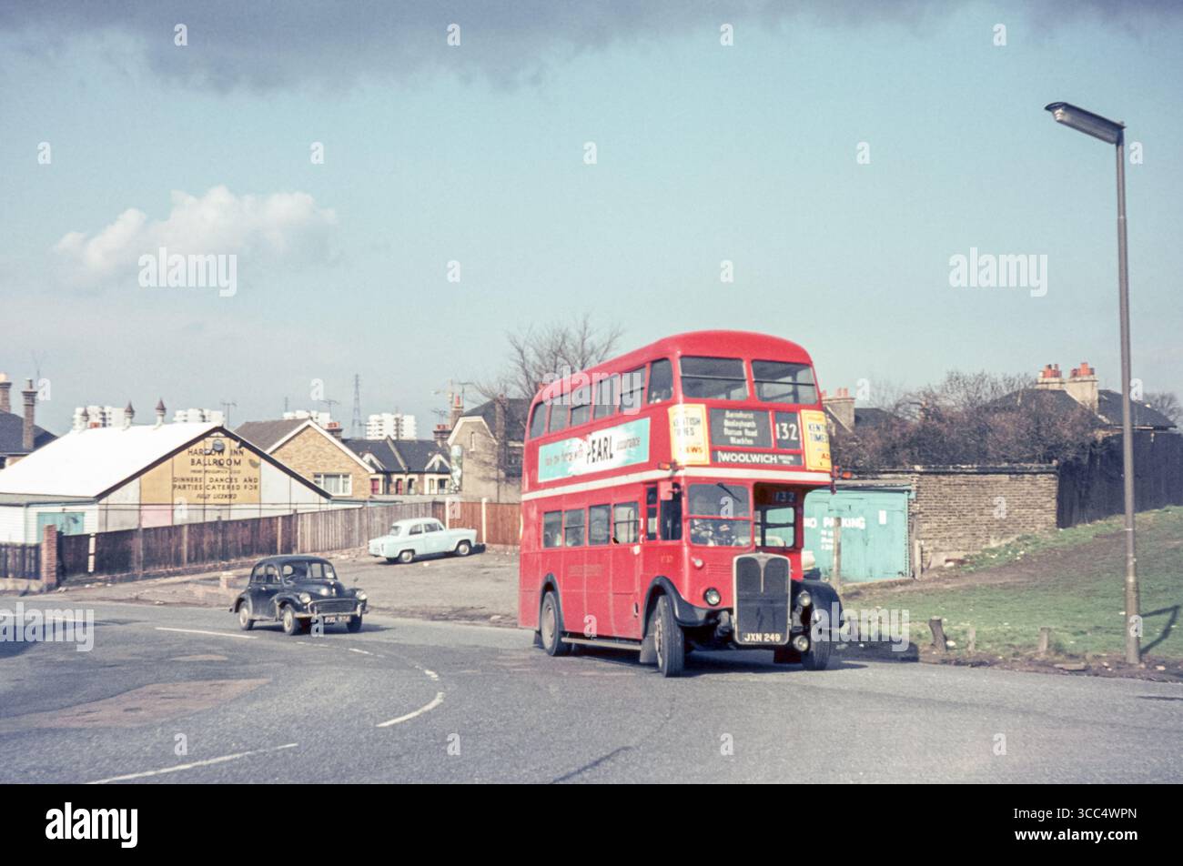 Abbey Wood, London UK - 1970: Vintage image of an AEC Regent III O961/1160 bus. Owned by London Transport, registration JXN 249, built 1948. Stock Photo