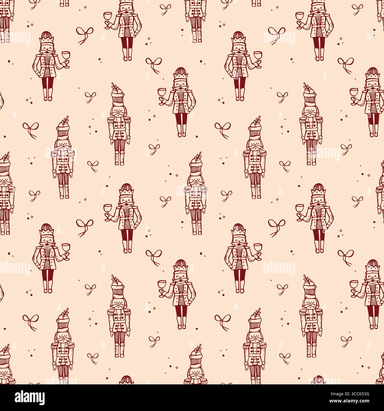 Whimsical hand-drawn Christmas seamless pattern with Nutcracker. Vector pattern in red color Stock Vector