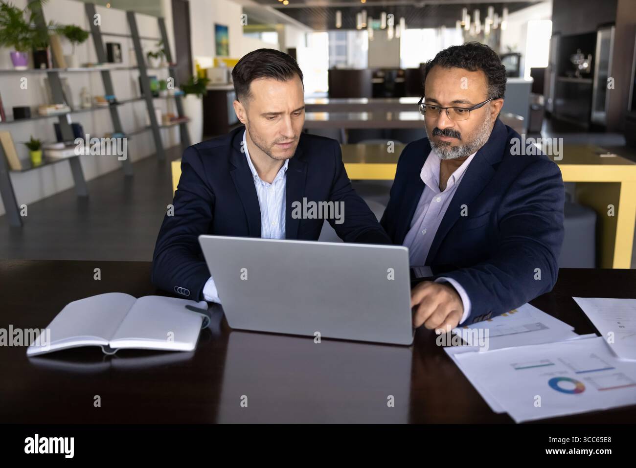 Serious young and senior business partners using laptop at table Stock Photo