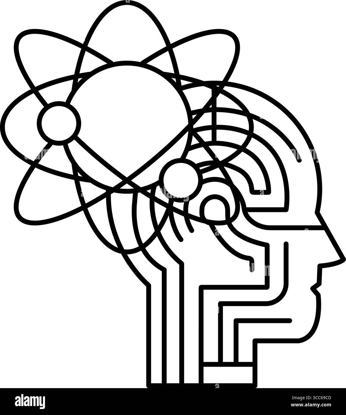 A black and white drawing of a brain with a flower in the middle. The drawing is of a person's head with a brain Stock Vector