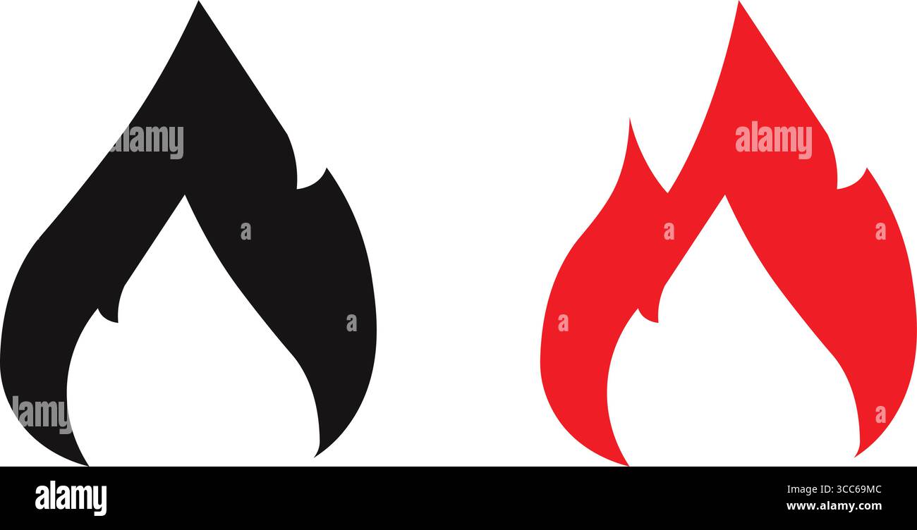 Minimalist Flame Icon Silhouette Duo Black and Red Stylized Fire Symbols Stock Vector