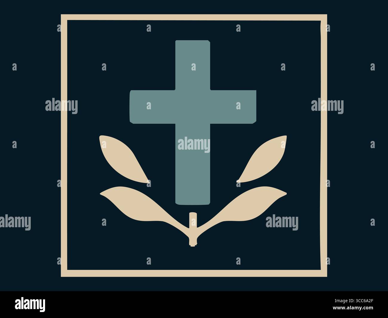 Blue cross with beige olive branch design on dark background ...